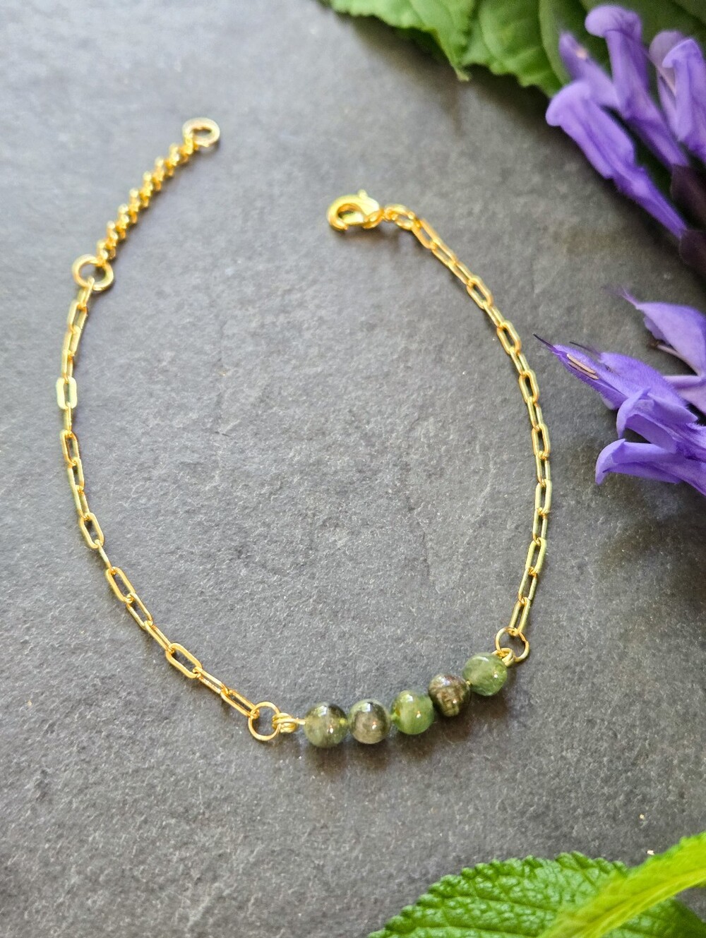 NWT Green Tourmaline 24k Gold-Plated Paperclip Bracelet🌳
